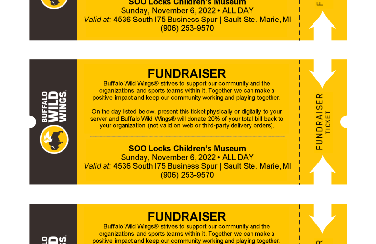 Image of gold SLCM fundraiser tickets for Buffalo Wild Wings